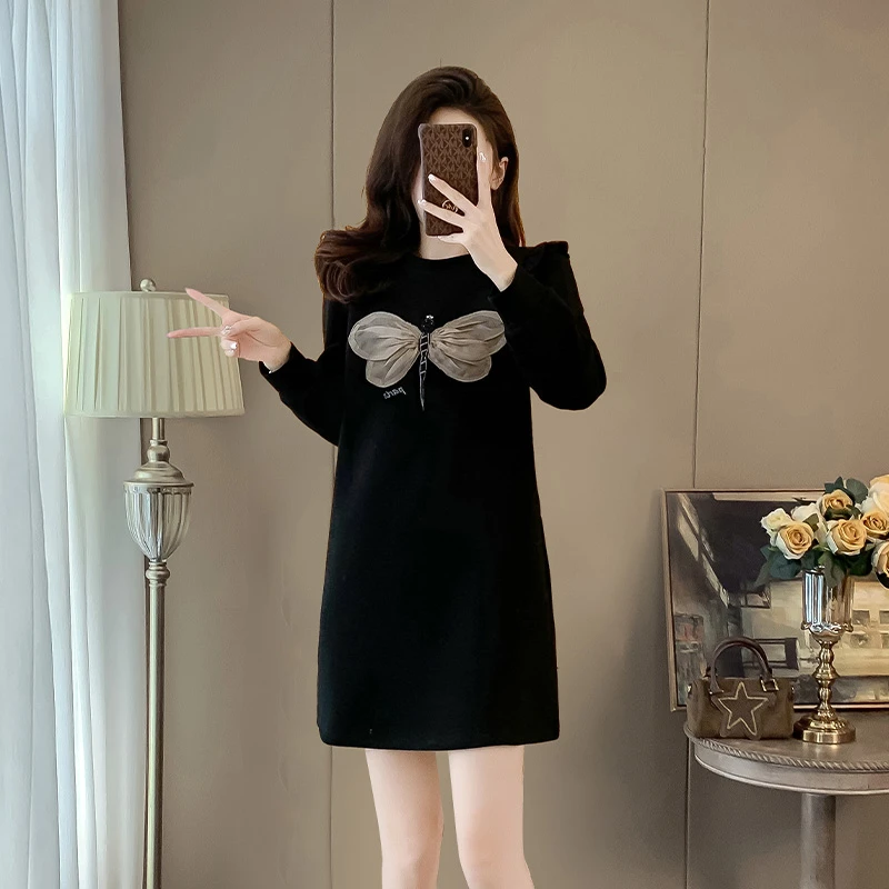 408--高级感超好看气质减肥连衣裙长袖女秋冬高端精致黑色裙子女