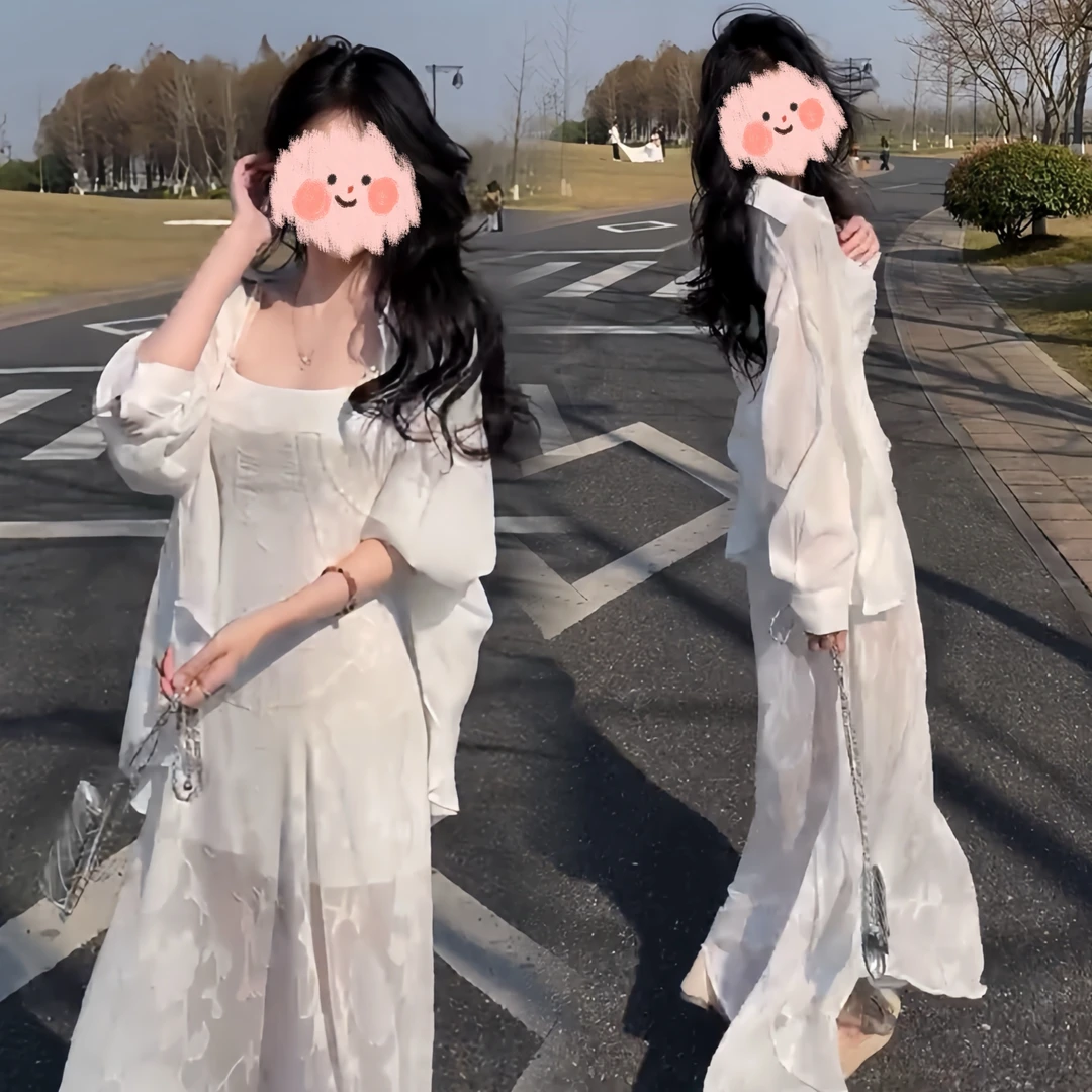 早春新款气质纯欲风宽松长袖衬衫上衣收腰显瘦百搭吊带连衣裙百搭