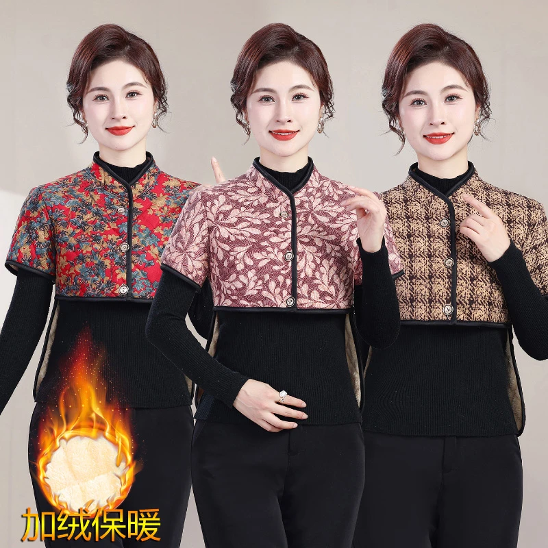 妈妈冬驼绒保暖短袖坎肩睡觉中老年女加厚加绒马夹护腰款护肩燕尾