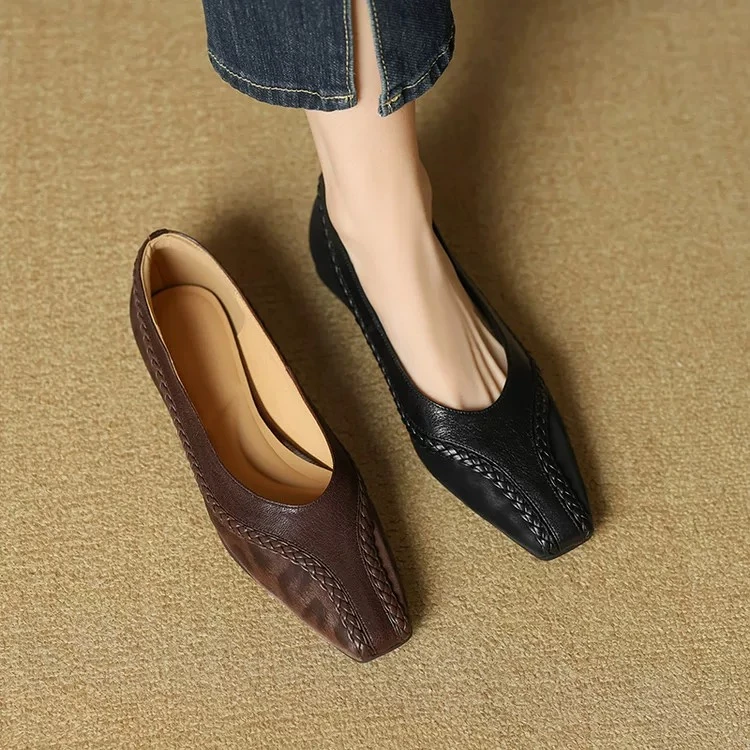 【粉丝专享】CC纯手工编织印花拼接真皮小高跟橡胶防滑耐磨单鞋618