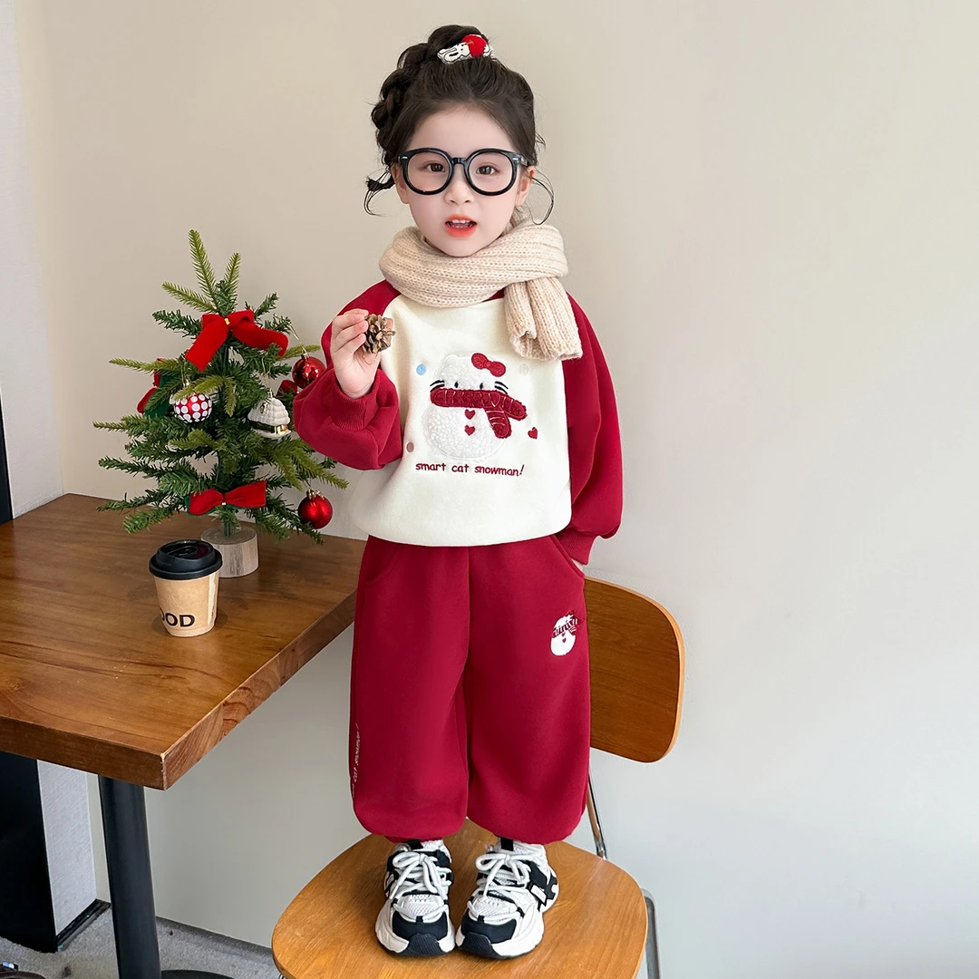女童加绒套装秋冬季2025新款儿童冬装女宝宝一体绒卫衣卫裤两件套