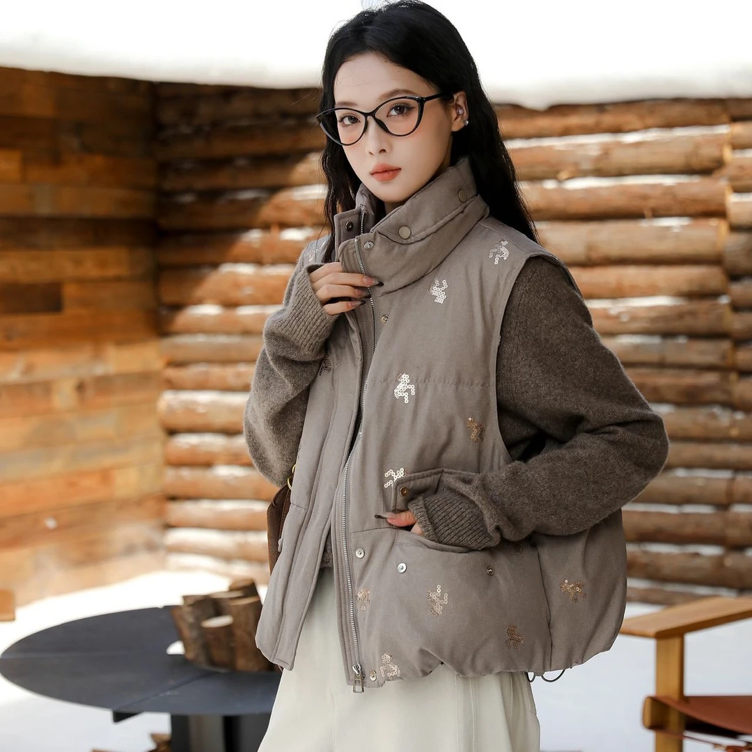 2606珠片绣花都市休闲立领羽绒马甲冬新款