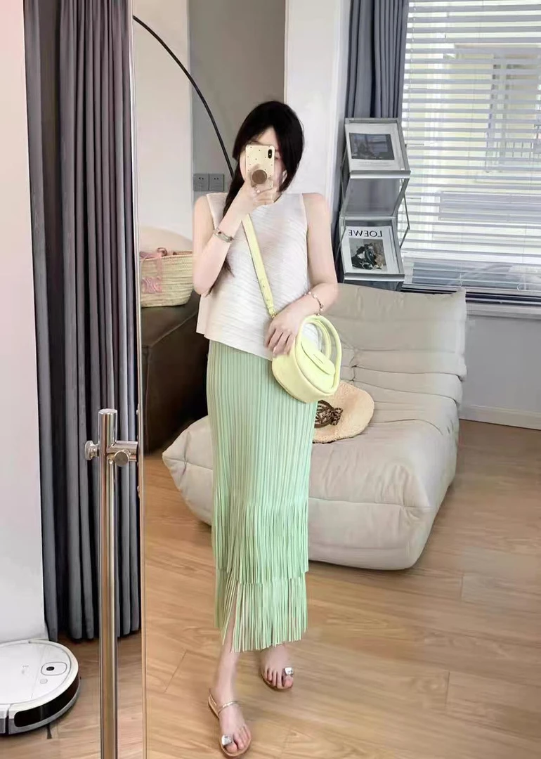 褶皱流苏休闲风通勤时时尚中长款裙子显瘦百搭