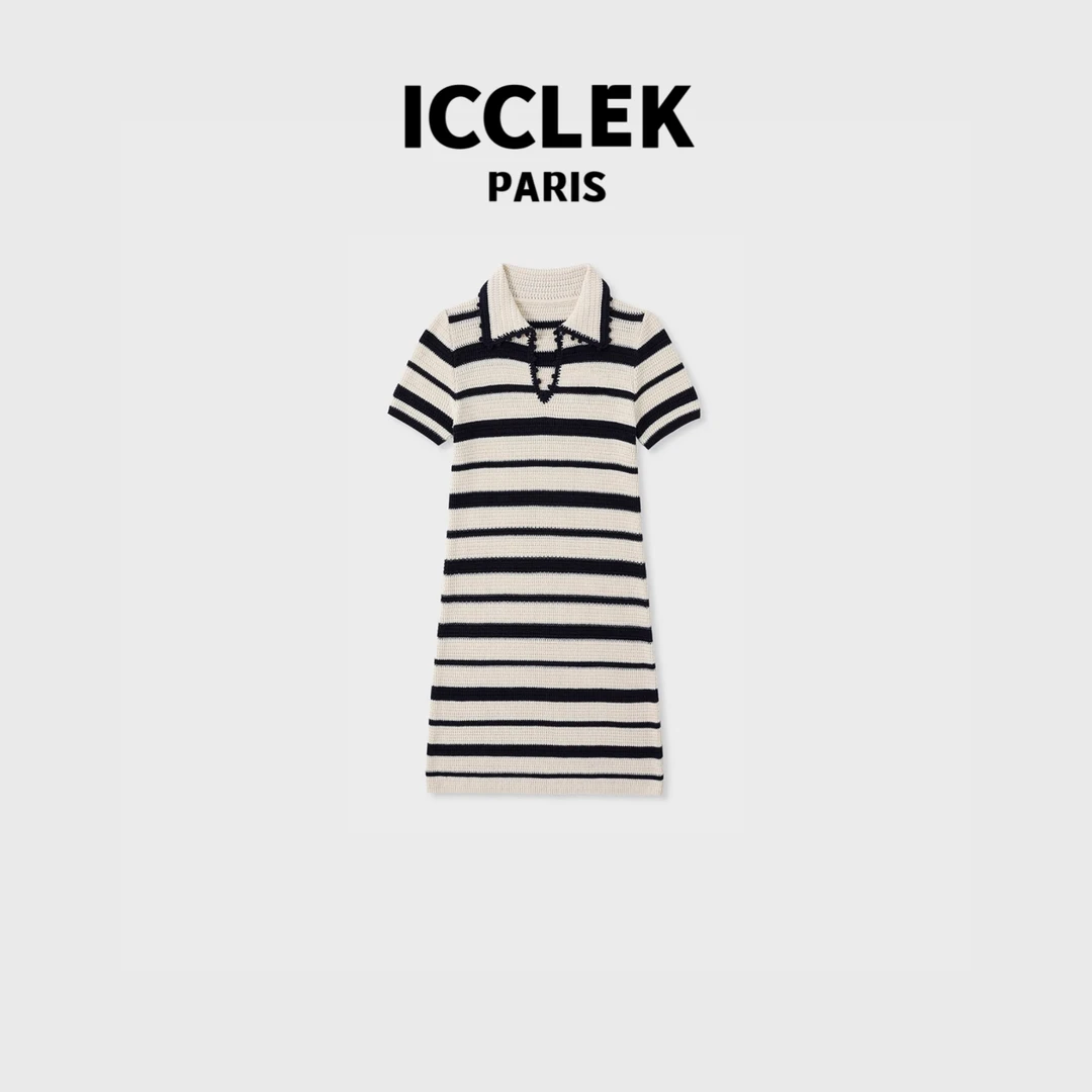 ICCLEK U领条纹短袖连衣裙 针织 休闲 -2553