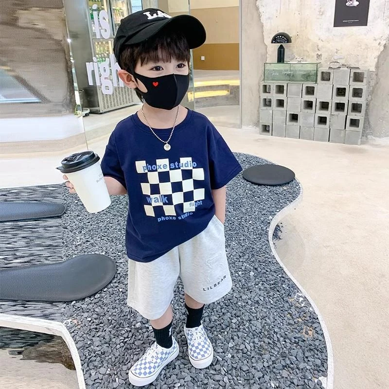 男童夏装短袖t恤2025新款棋格夏季纯棉上衣中大童夏款帅气宽松潮T