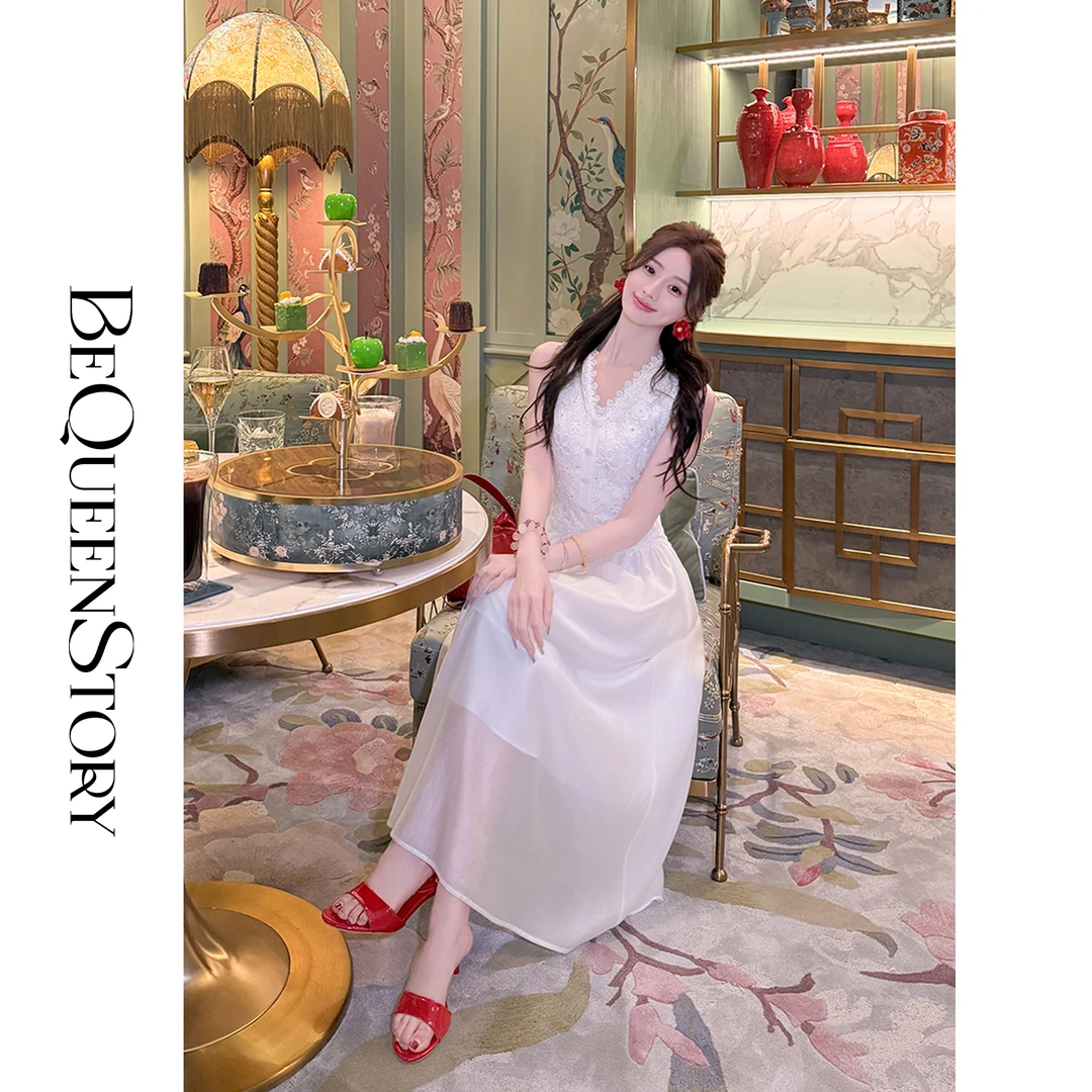 韩韩IU【白桃布蕾】高定优雅仙气飘逸V领无袖收腰连衣裙2025夏新款