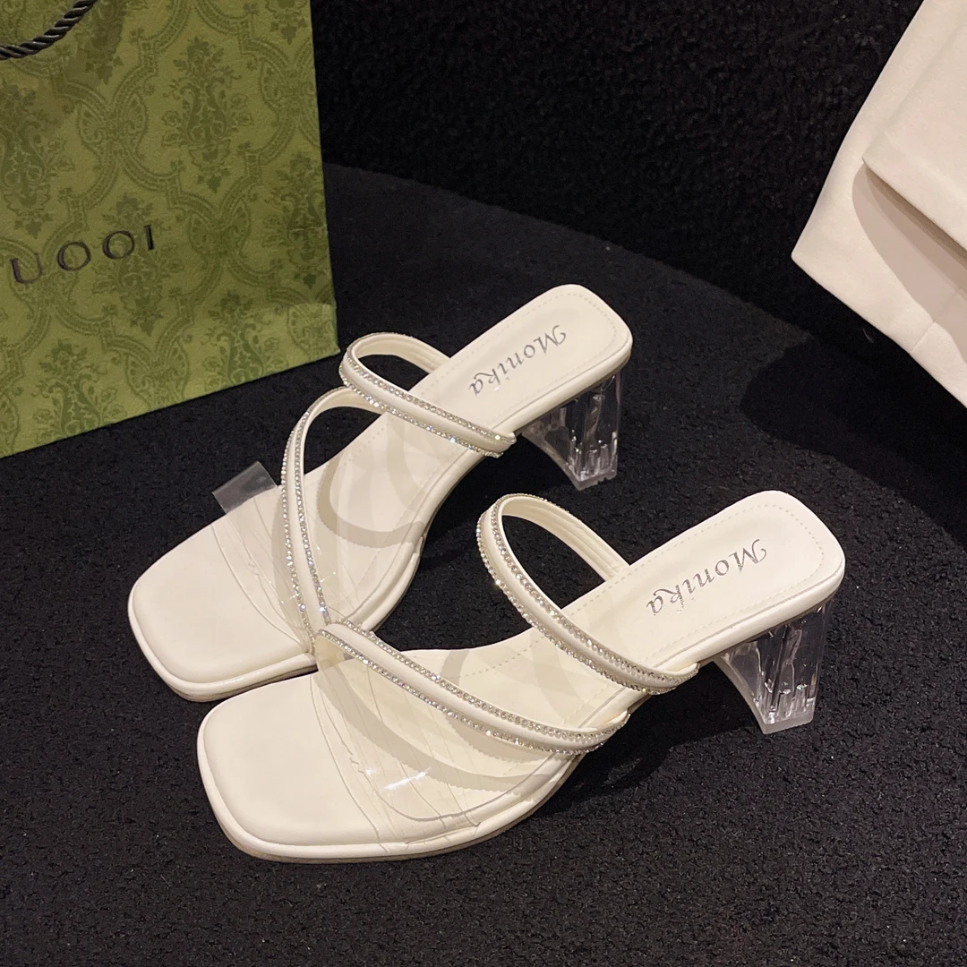 Y时尚夏季外穿气质网红百搭法式仙女风ins一字带高跟鞋粗跟凉拖鞋