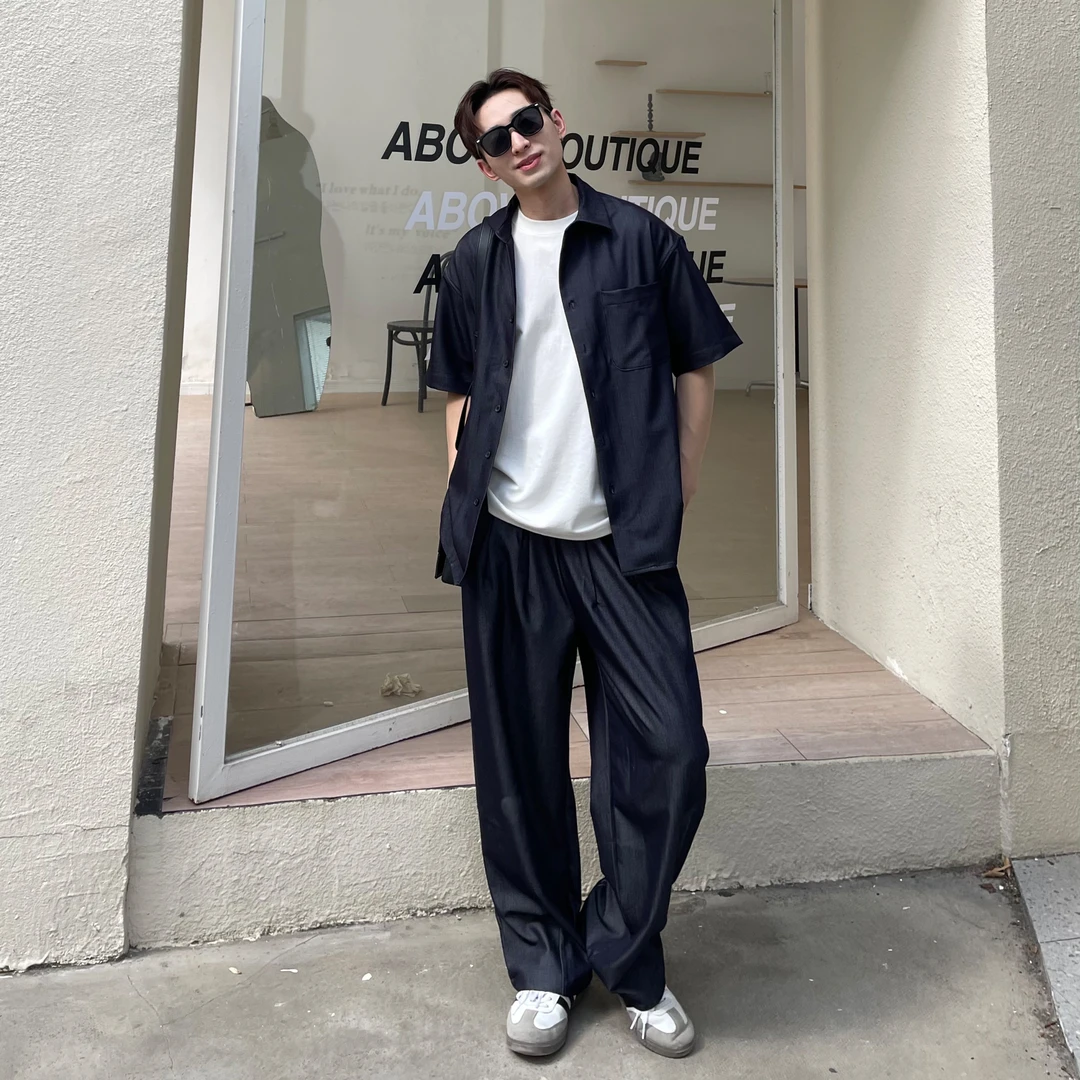 韩国男装 丝光缎面牛仔衬衫套装 垂感宽松阔版休闲套装