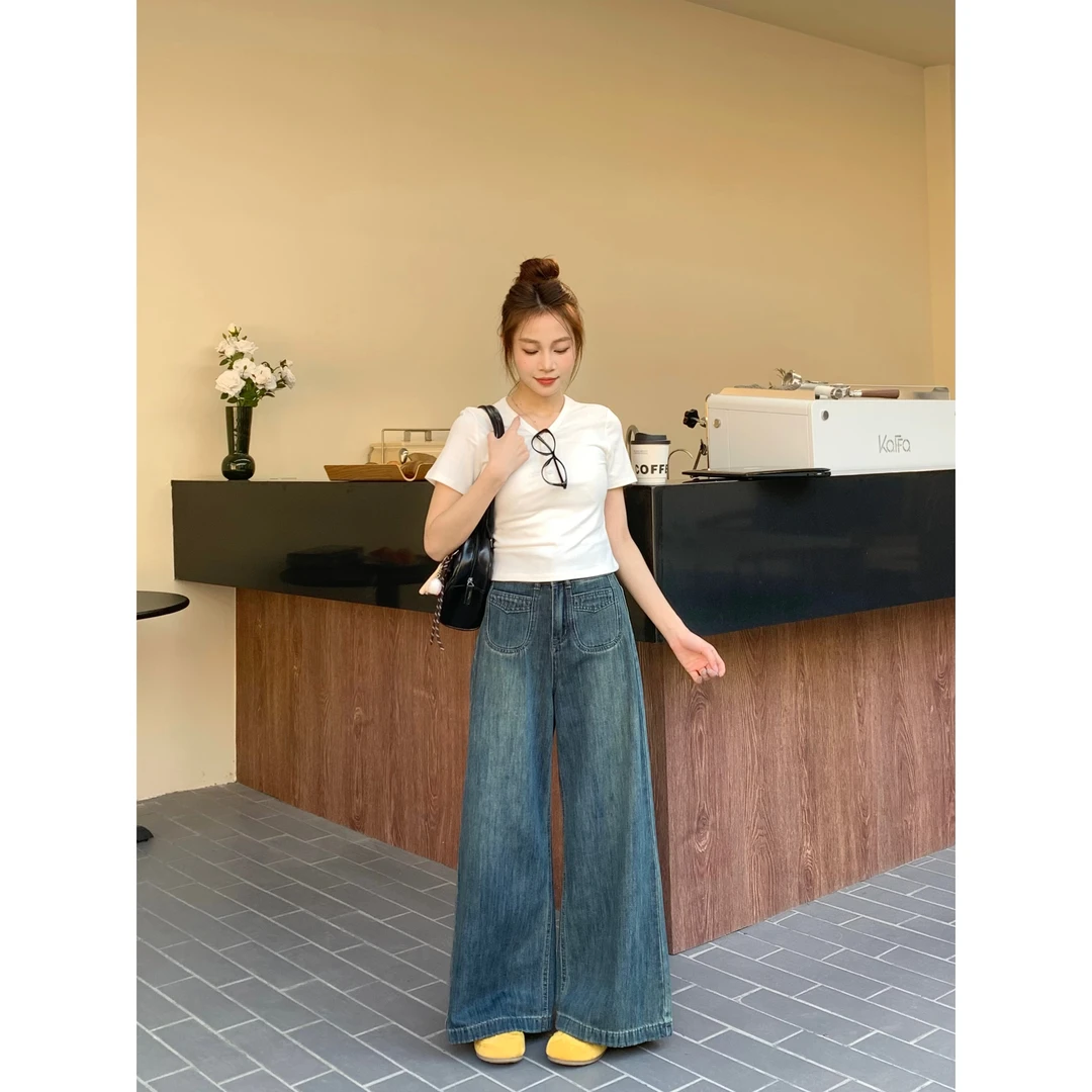 【现货】春季高腰百搭大脚口休闲极简宽松牛仔裤-YJ5548