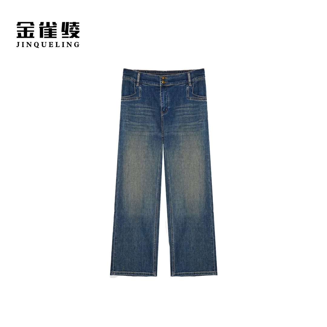 金雀绫【港岛之恋】设计款水洗韩版直筒加宽加大牛仔裤SZAK3KLW85
