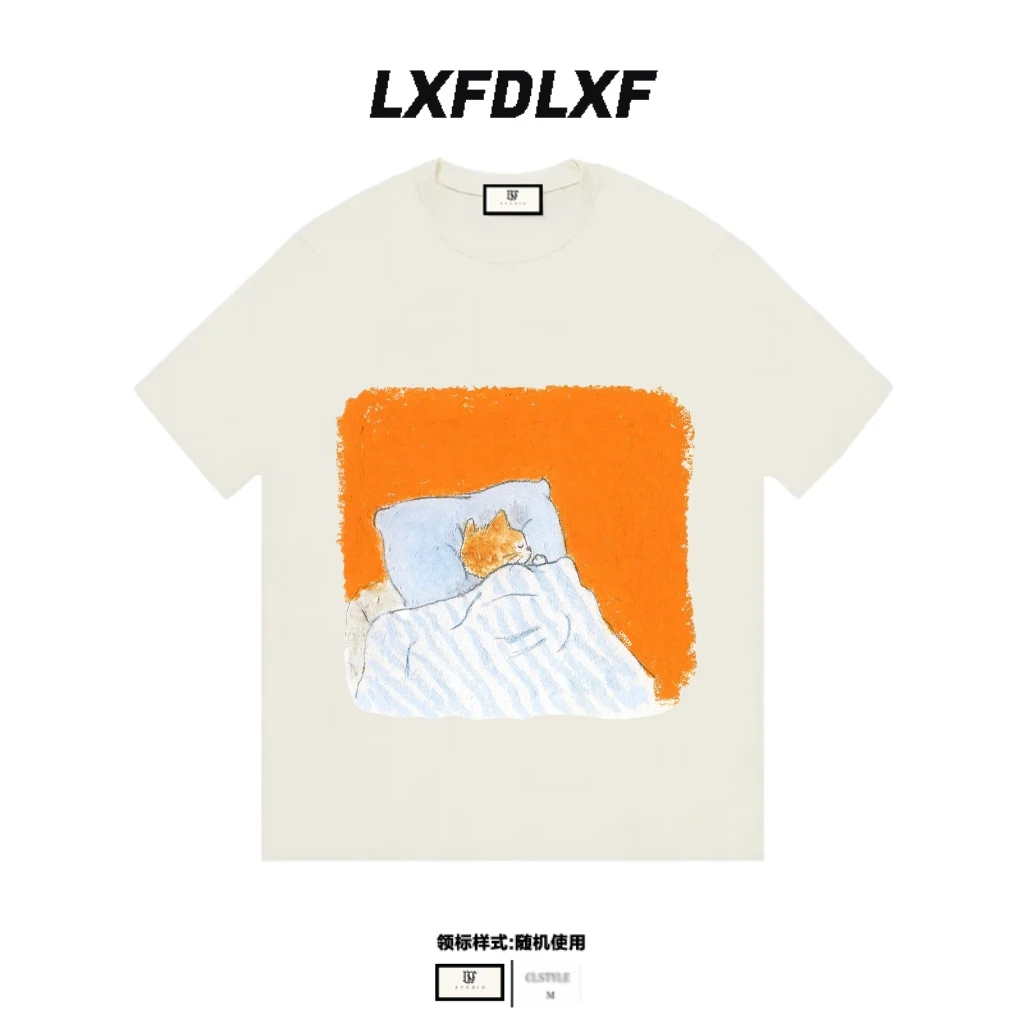 「橘色猫咪」LXFDLXF 宽松版型 男女同款直喷工艺美式短袖t恤情侣