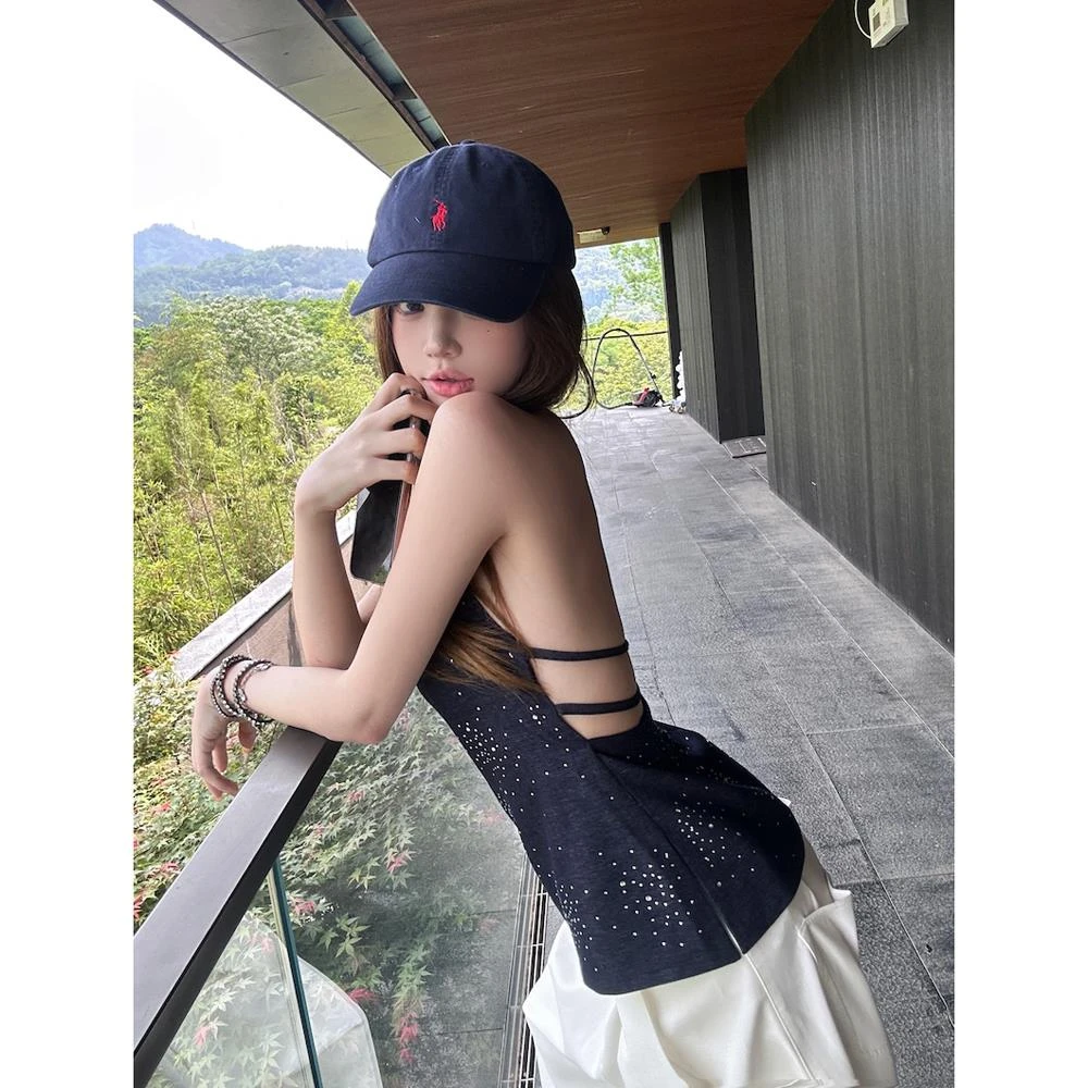 2025夏季新款修身显瘦性感辣妹重工露背牛仔烫钻挂脖吊带背心女装