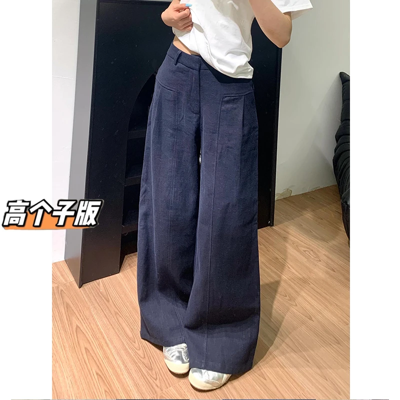 裤长112cm高个子175加长老钱风复古藏青色棉麻阔腿直筒休闲裤女夏