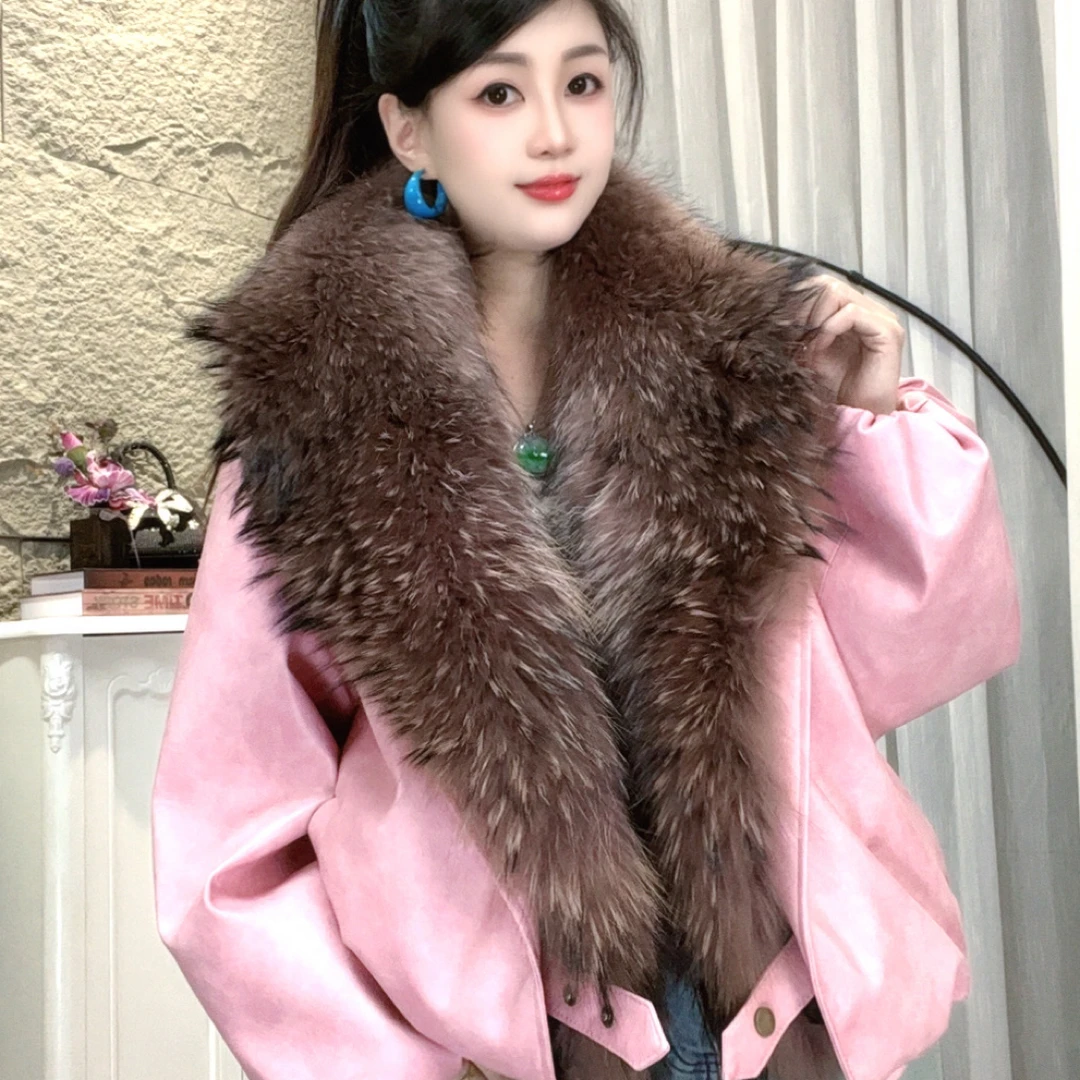 Bikamo/2025宽松型长袖休闲风厚款毛领可拆轻奢皮衣外套P0430