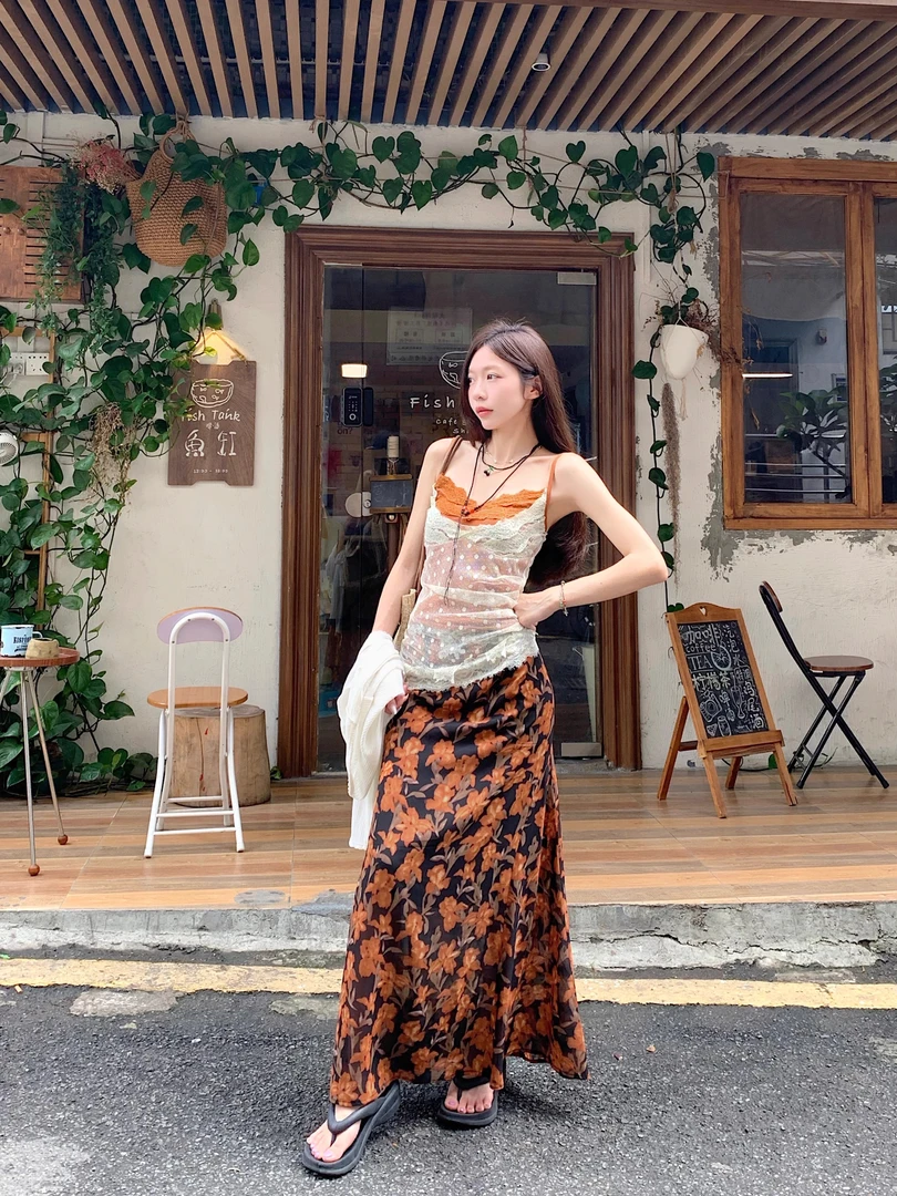 叠穿假两件背心女夏季印花半身裙长裙气质显瘦碎花百搭民族风