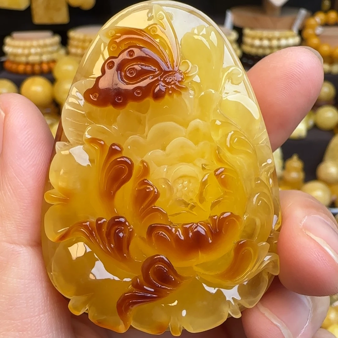 琥珀未镶嵌吊坠(赠链)蜜蜡牡丹花吊坠