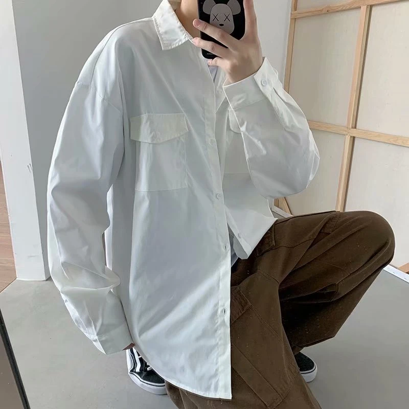 6055 白色衬衫男韩版潮流宽松薄款寸衫男士休闲外套帅气百搭衬衣