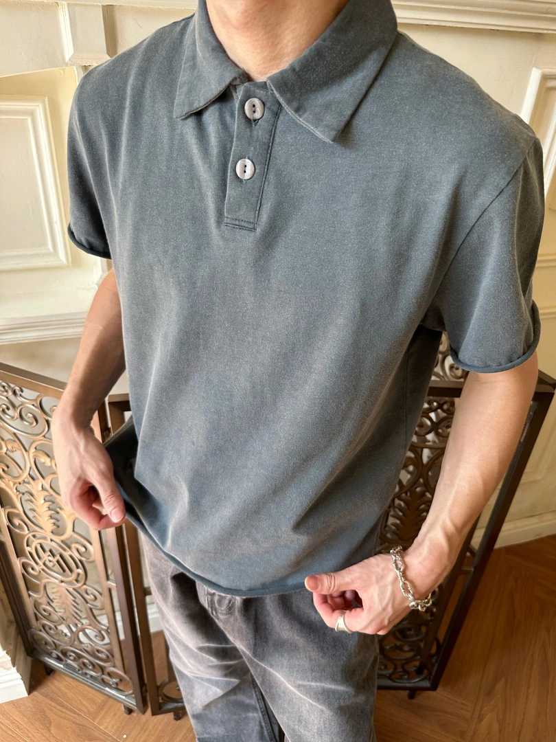 【EME】复古Vitage美式纯色水洗做旧polo翻领短袖夏季休闲百搭