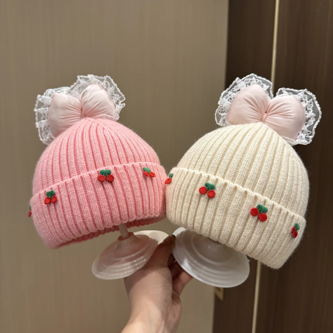 【蜜糖派对】婴幼儿保暖毛线帽女宝小公主可爱小樱桃护耳针织胎帽冬