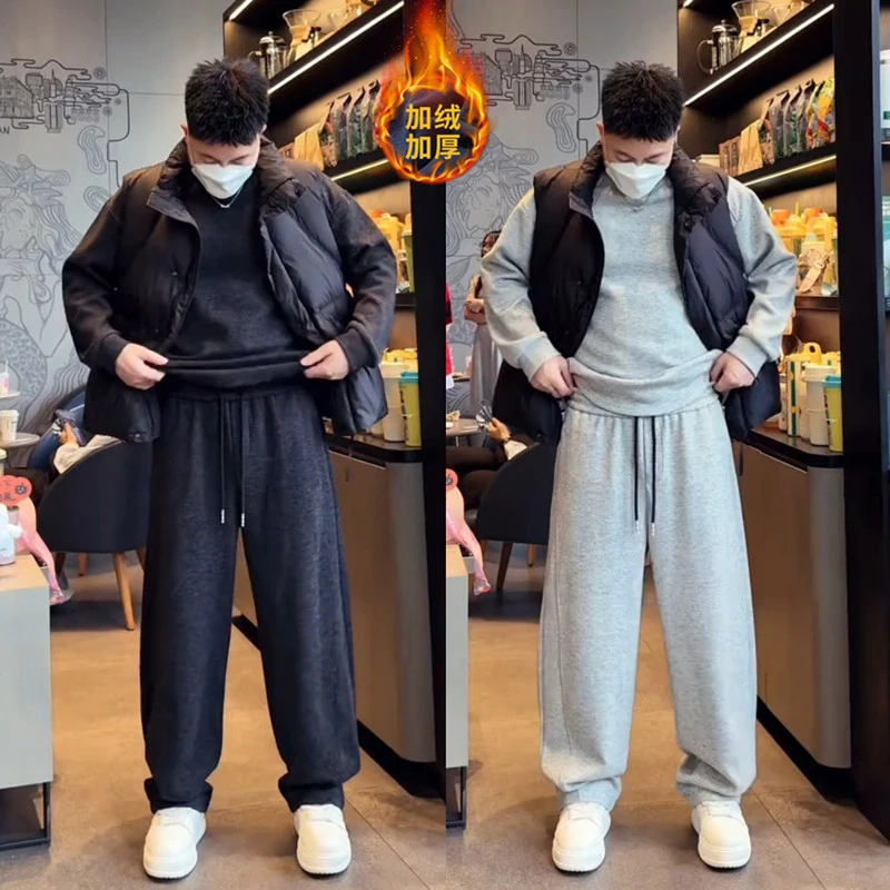 秋冬爆款明线拼接时尚套装男士简约百搭宽松加绒卫衣休闲裤两件套