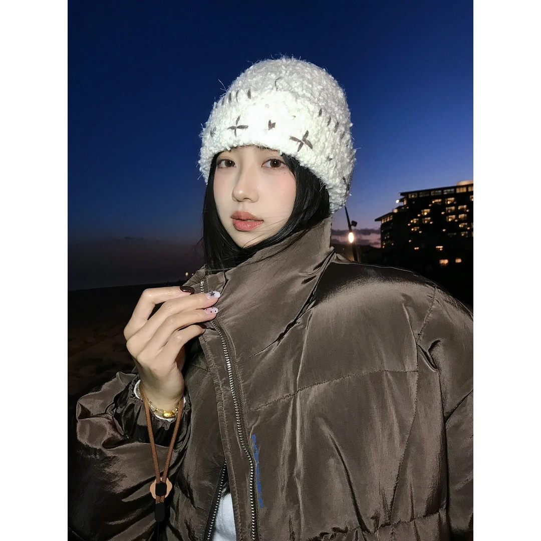 手工十字针织毛线帽女冬季堆堆冷帽显脸小包头帽