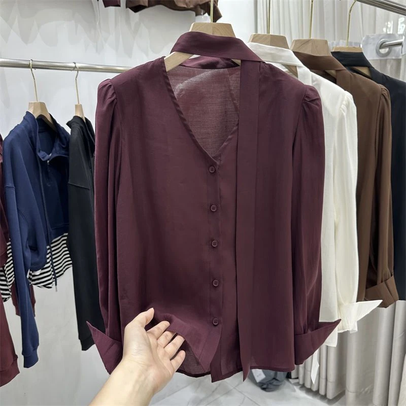 挂脖衬衫女V领上衣2024秋季高级感飘带长袖衬衣安可拉红小衫8008