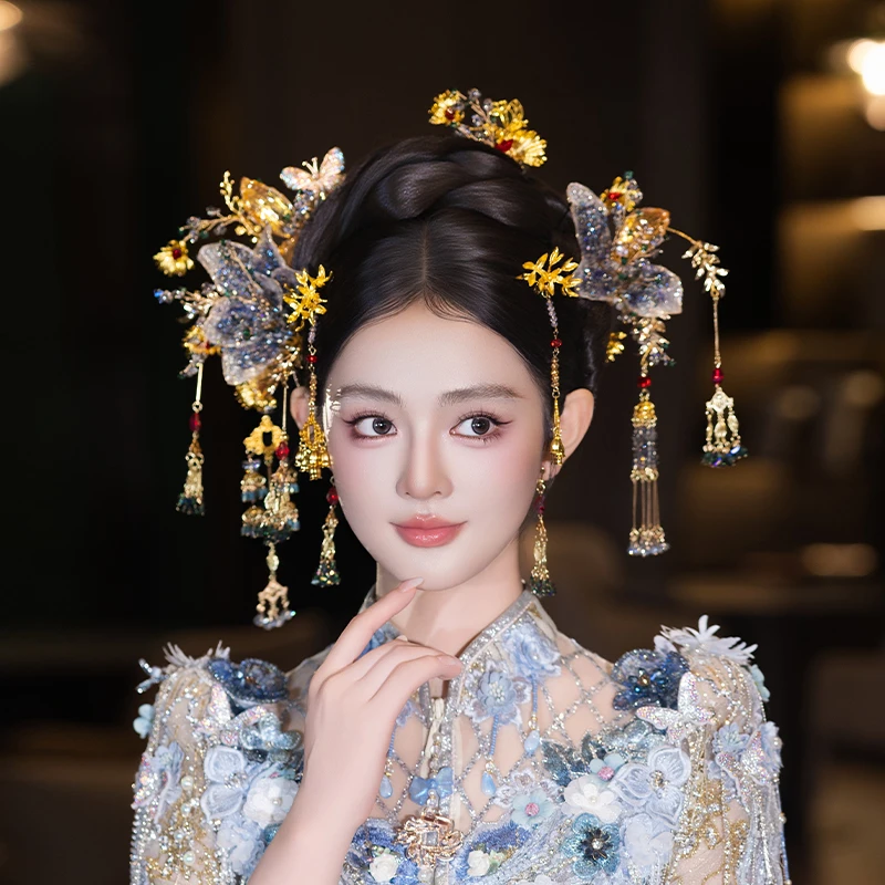 合金婚庆饰品 新娘重工蝴蝶古风中式凝胶花秀禾结婚浅色发饰D0635