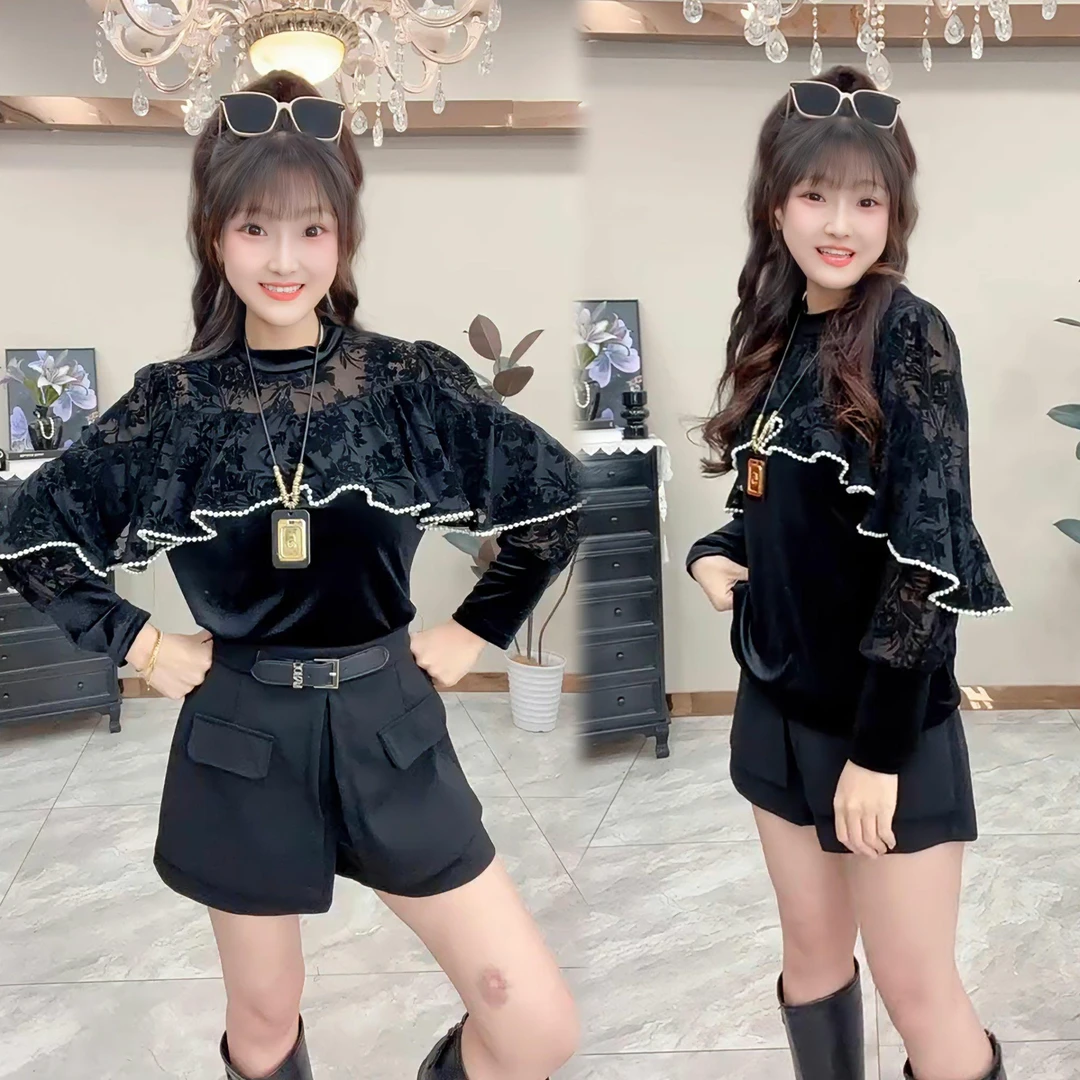 2025秋新款软糯设计感拼接衫打底纯色长袖修身洋气韩系上衣轻熟