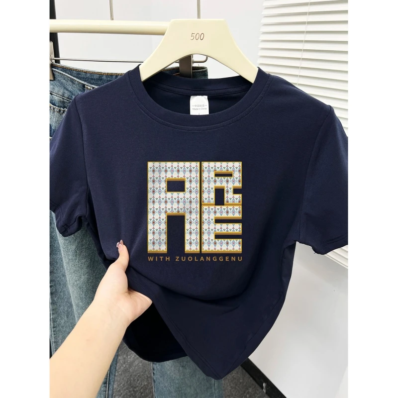 韩系ins正肩短袖t恤女装2026年新款微胖mm大码休闲圆领显瘦上衣潮