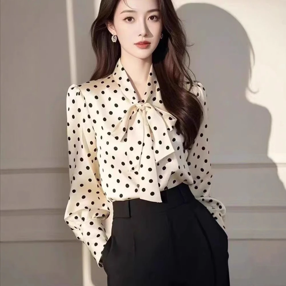 法式风飘带波点雪纺衬衫女款春季高级感通勤女士衬衣别致漂亮上衣