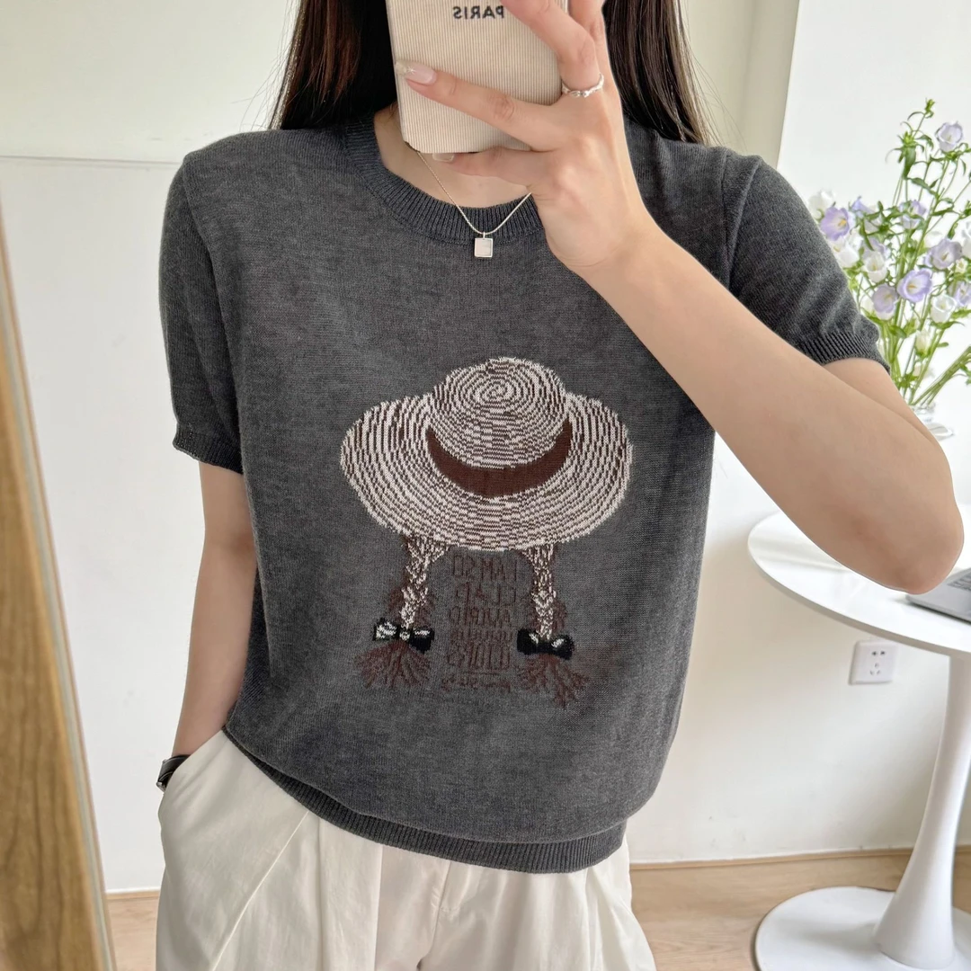 桑蚕丝薄款短袖针织衫女2025新款夏季气质显瘦宽松圆领打底上衣