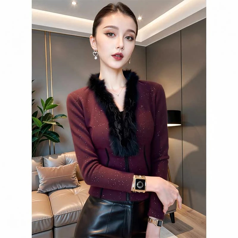 XS#V领长袖打底衫女拼接毛领秋冬新款时尚洋气修身显瘦上衣CS31