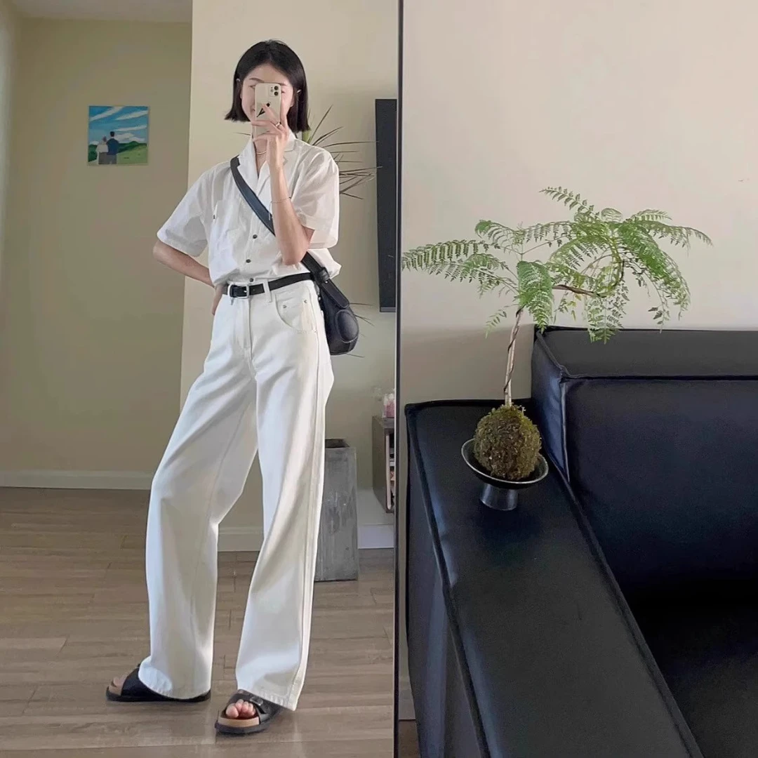 白色直筒休闲简约牛仔裤女2025年春秋季高腰显瘦新款小个子阔腿裤