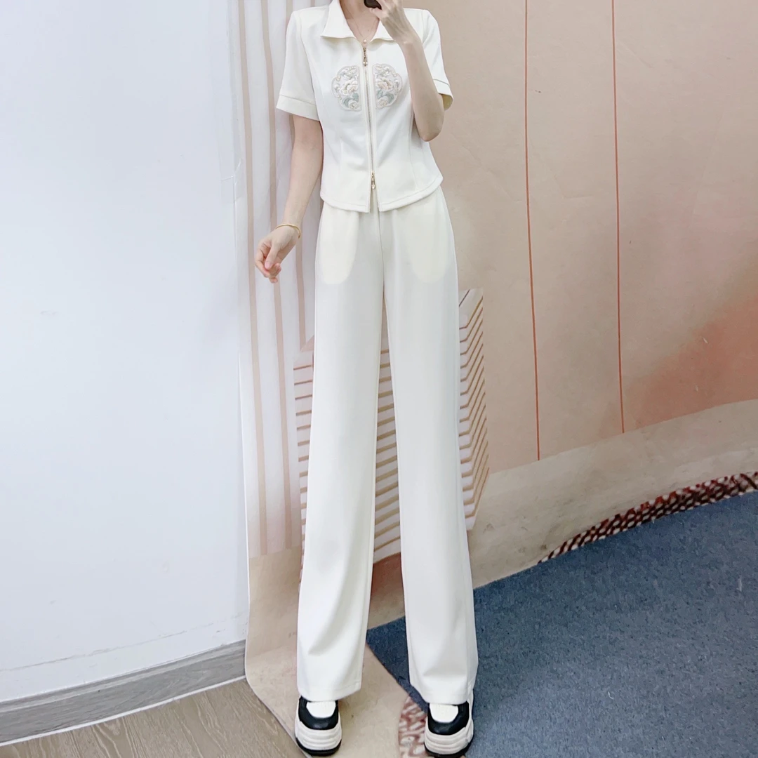 025短袖刺绣上衣+高腰直筒裤两件套裤5025/GP