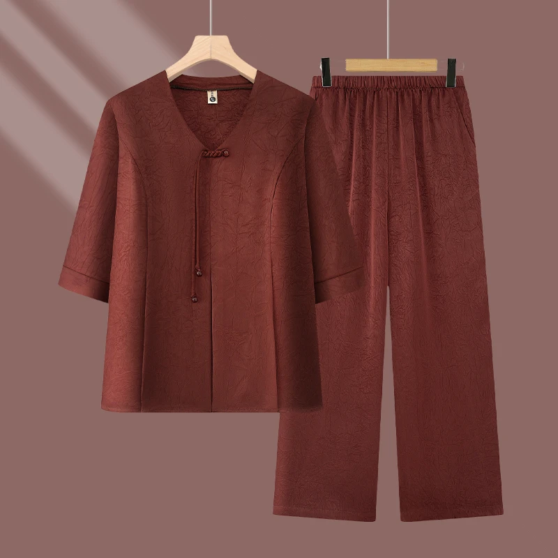 妈妈夏装时尚中式上衣中老年七分袖夏季新款两件套洋气裤子女套装