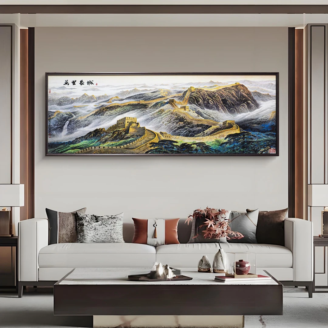 新中式皮革烫金立体万里长城装饰画客厅沙发背景挂画长城70200