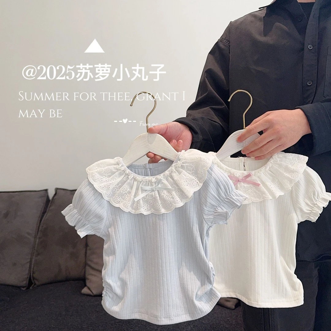 柠檬-儿童韩版洋气女童薄款上衣短袖宝宝蝴蝶结纯棉打底衫271