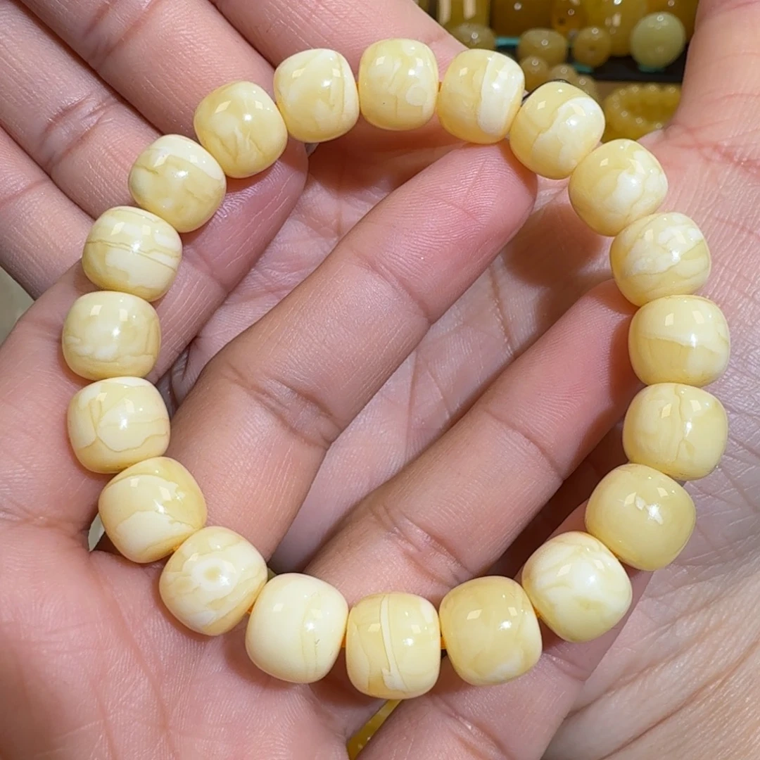 琥珀未镶嵌珠宝奇石11m焦皮同料老型花蜡手串16.3