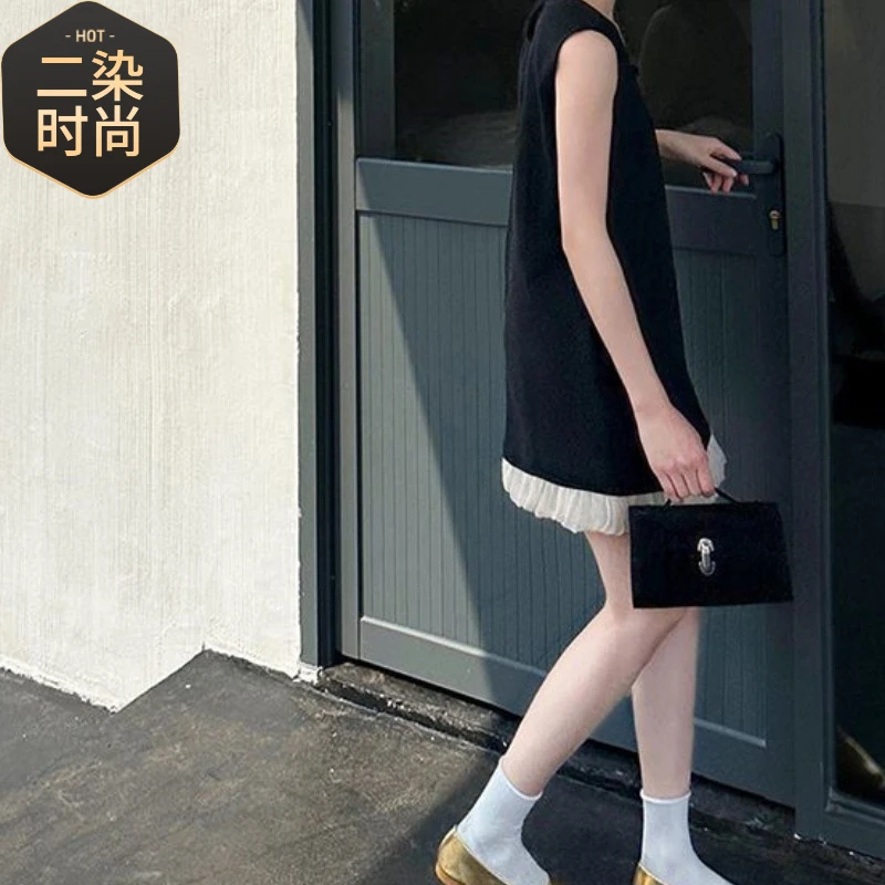 时尚感拼接撞色宽松无袖中长款女士2025年夏款霸气范字母短裙女装