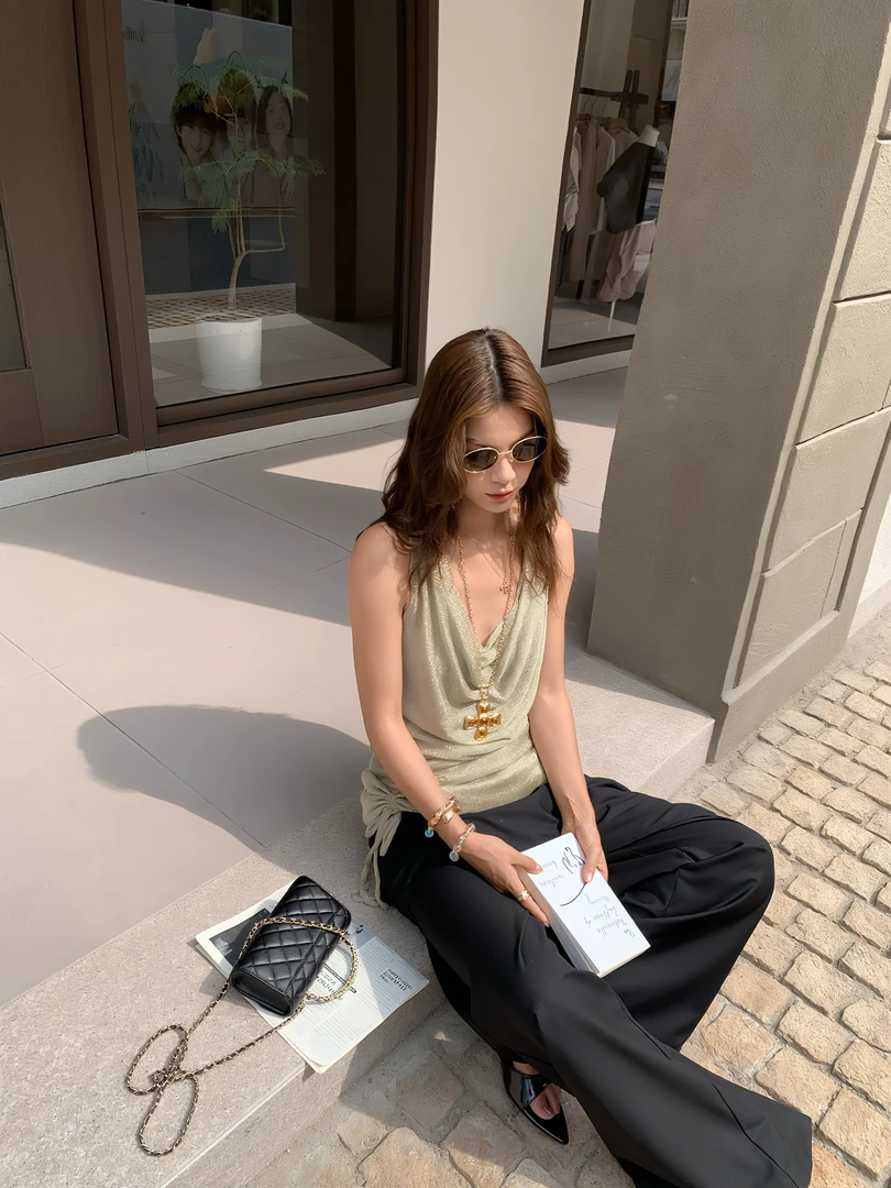 MAR 夏季新款荡领叠层褶皱显瘦收腰无袖背心上衣女613116