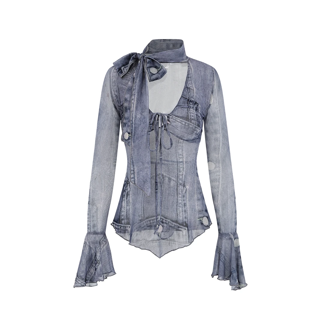 2025新款网纱时尚打底长袖罩衫女夏季修身显瘦防晒T桖蓝色不规则