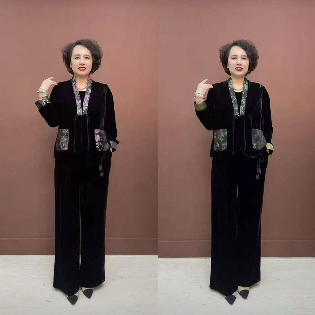 6002新款气质显瘦洋气新中式丝绒套装中老年女装马甲复古两件套