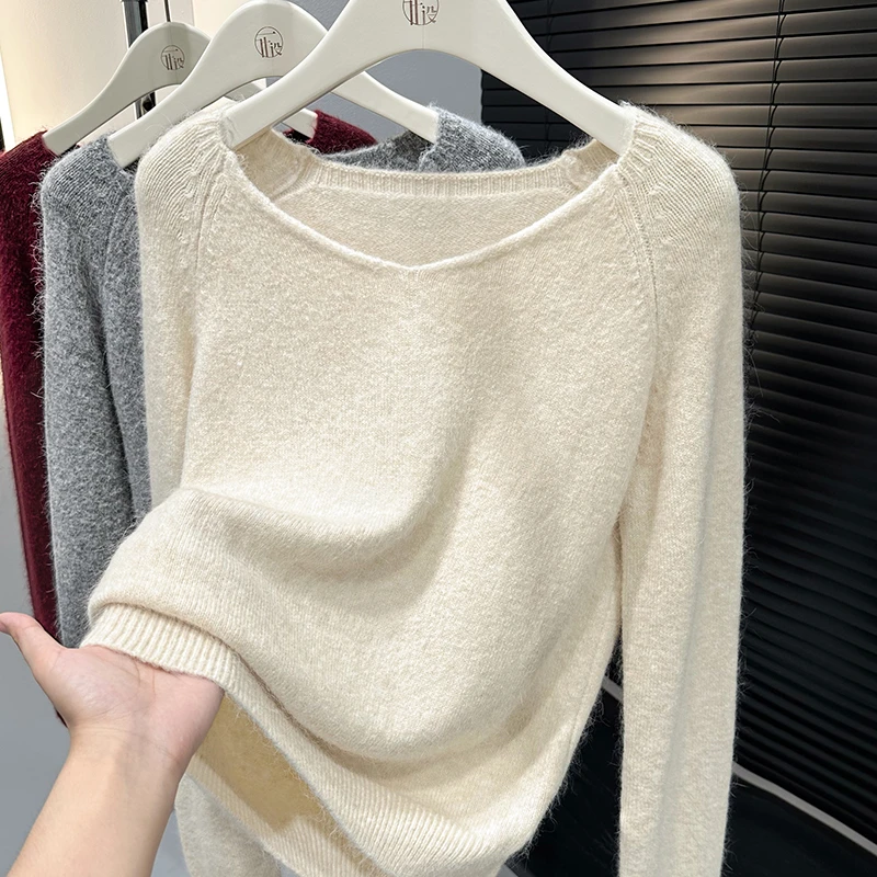 杏色洋气V领毛衣针织衫女秋季新款宽松百搭上衣软糯长袖打底衫女