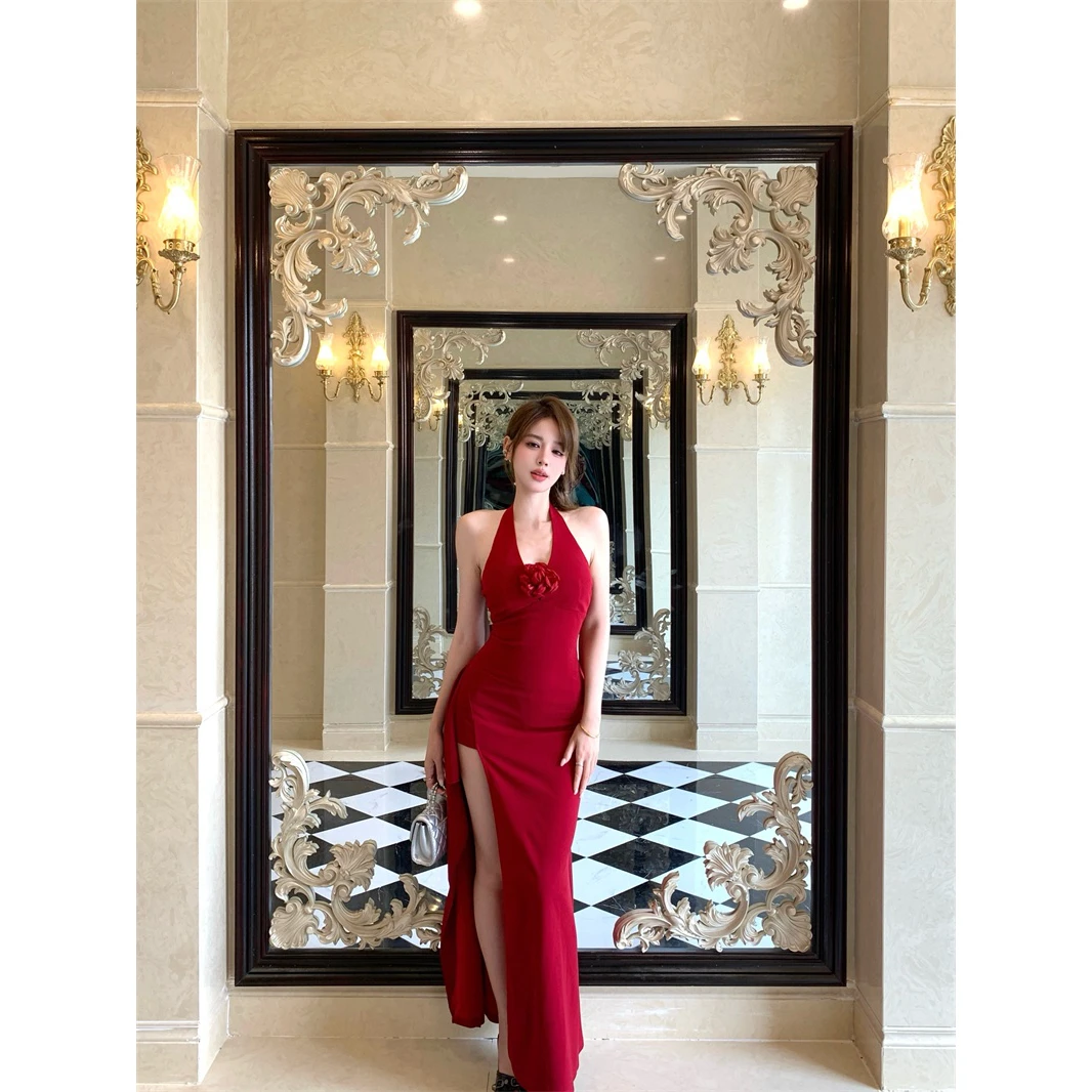 实价 立体花朵挂脖连衣裙女夏季修身纯欲收腰开叉包臀裙子