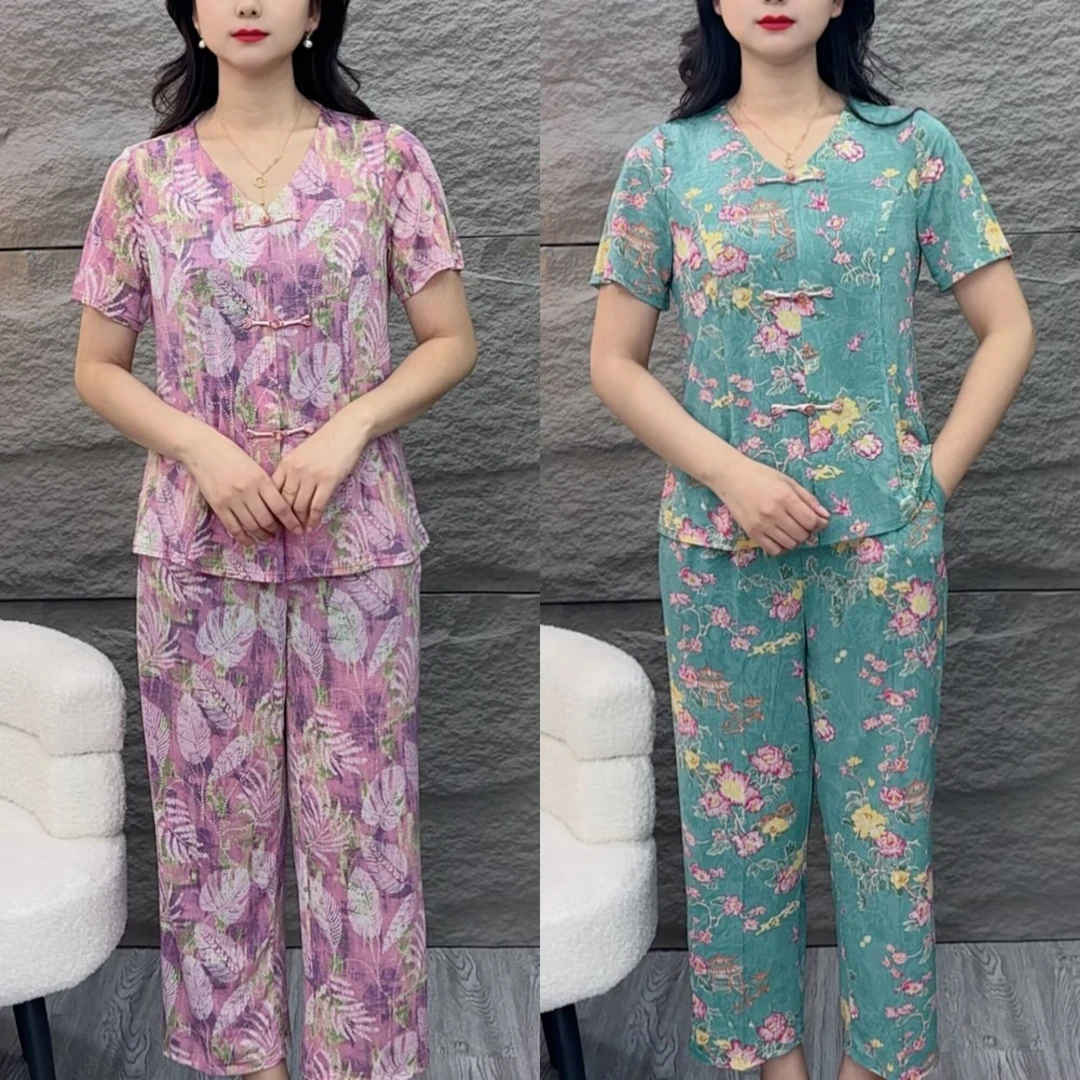 复古盘扣设计轻薄弹力中老年妈妈气质上衣与显瘦裤子套装