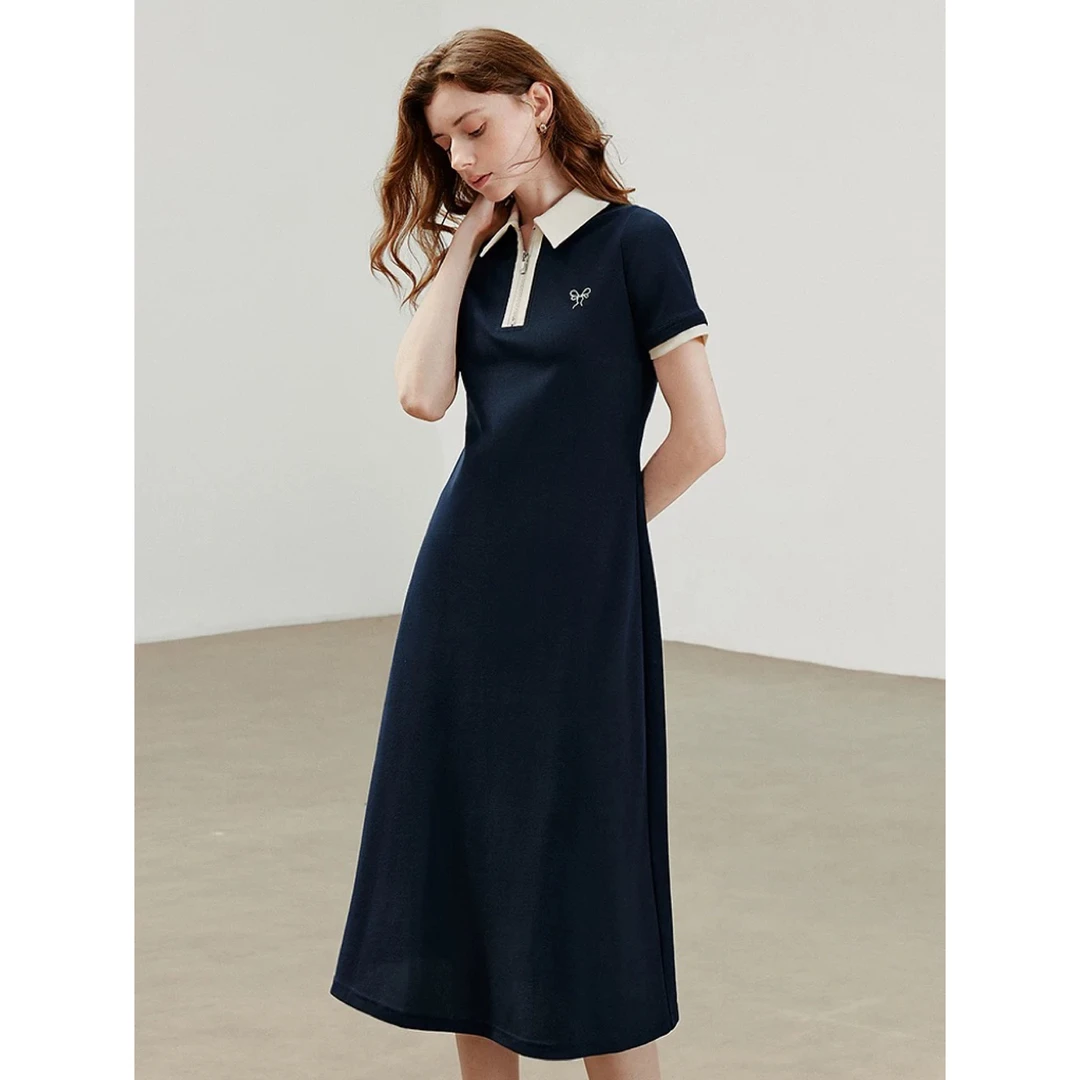 【初语服饰】初语撞色拉链轻运动珠地棉中长裙8529146