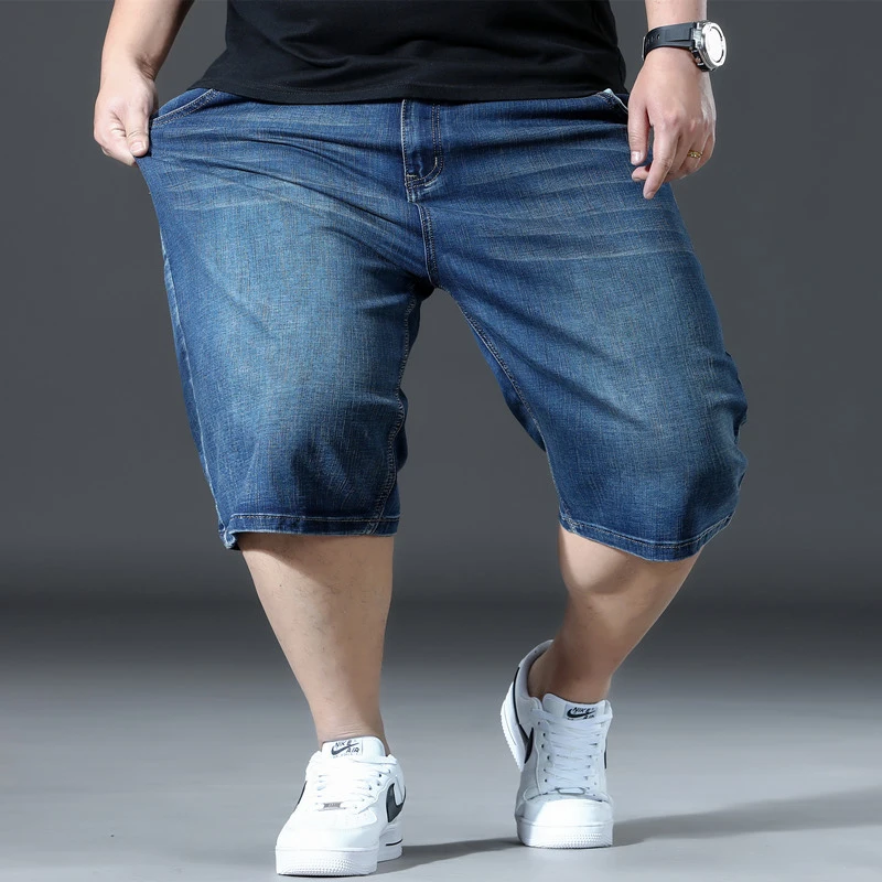夏季牛仔短裤男加肥加大码胖子宽松直筒中裤休闲松紧腰薄款五分裤