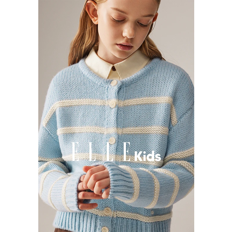 6546 ELLE KIDS 温柔蓝白毛衣开衫女童秋季新款粗棒针条纹针织Q4