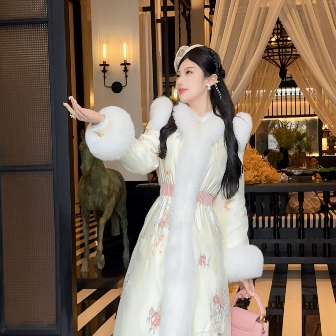 【媛珠 千金白雪】重工原创提花国风狐狸毛领长款鹅绒服显瘦收腰