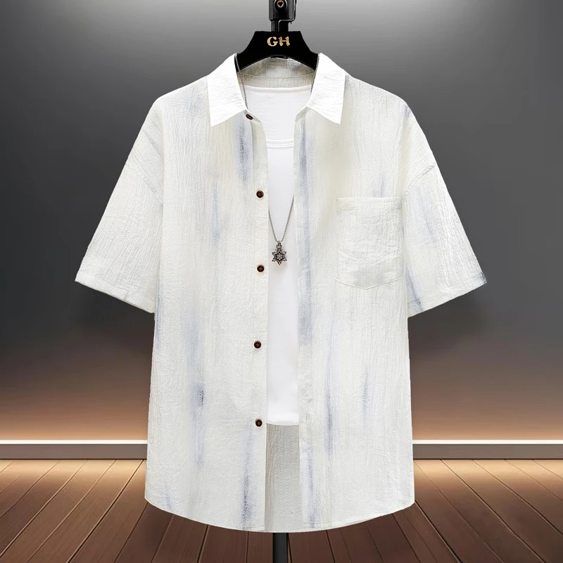 2025夏季新款短袖衬衫外套男青少年休闲潮流宽松百搭港风帅气衬衣